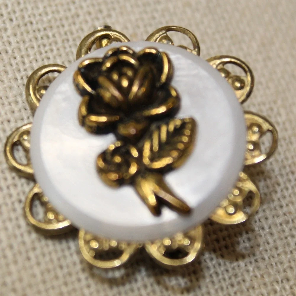 Brooch Rose Filigree Mother of Pearl Gold White Vintage Style Pin 1 Inch Small